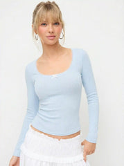 Pointelle U-neckline Bowknot Lace Tee