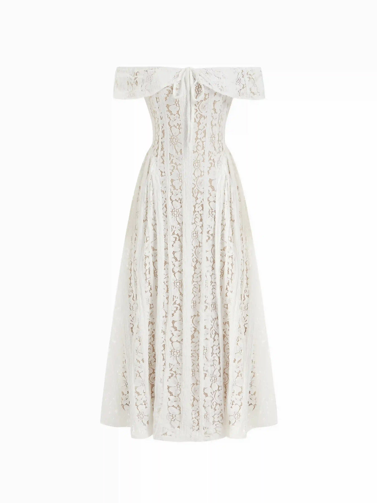 Lace Sculptural Off-Shoulder Knotted Flared Maxi Dress