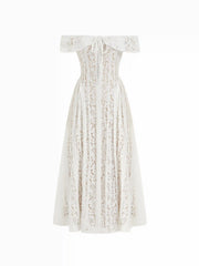 Lace Sculptural Off-Shoulder Knotted Flared Maxi Dress