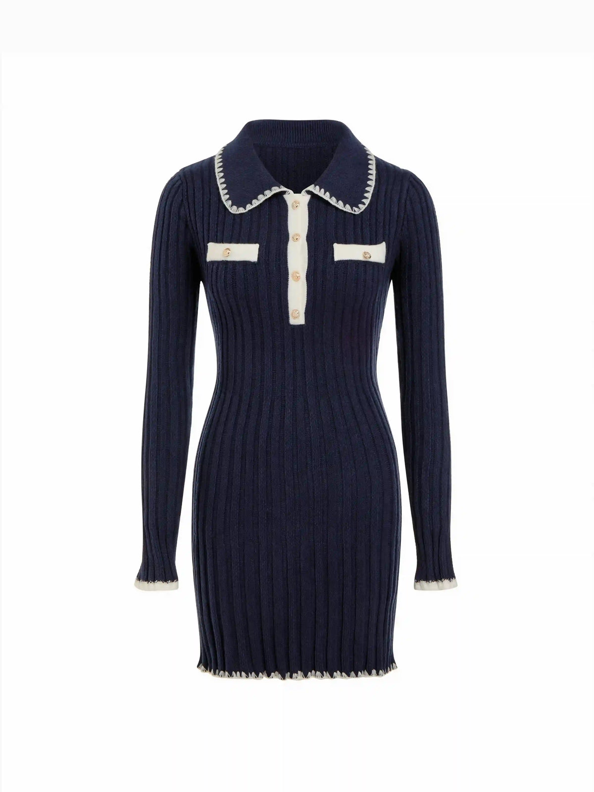 Knit Polo Collar Contrasting Binding Mini Dress