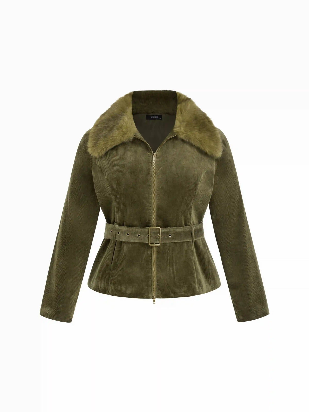 Corduroy Faux Fur Trim Collar Jacket With Belt Curve & Plus