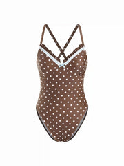 Shaping Polka Dot Lace Trim One-piece Swimsuit