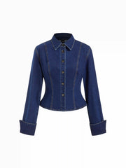 Washed Denim Collar Button Front Blouse