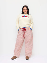 Knit Round Neckline Fish Graphic Contrasting Binding Oversized Top Curve & Plus