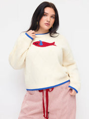 Knit Round Neckline Fish Graphic Contrasting Binding Oversized Top Curve & Plus