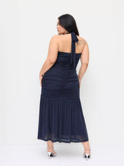 Mesh Halter Neckline Glitter Ruched Tulle Maxi Dress Curve & Plus