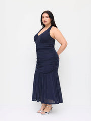 Mesh Halter Neckline Glitter Ruched Tulle Maxi Dress Curve & Plus