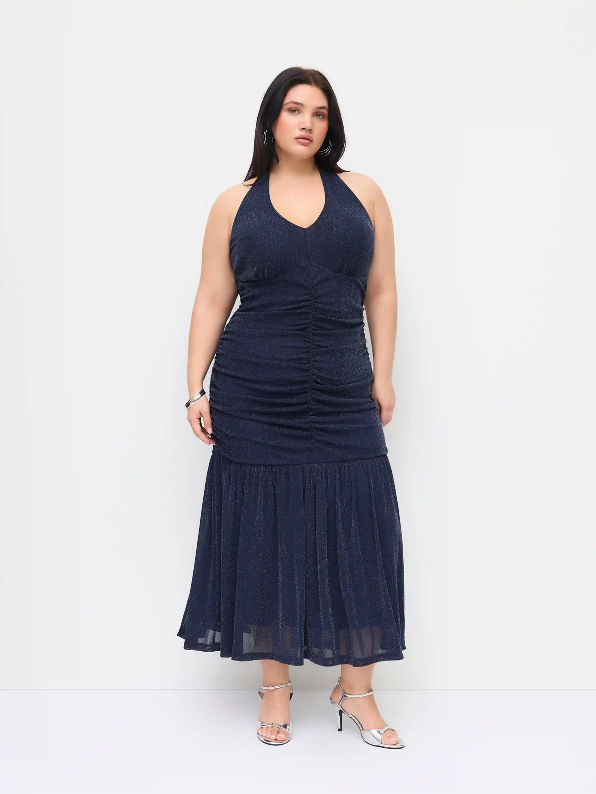 Mesh Halter Neckline Glitter Ruched Tulle Maxi Dress Curve & Plus
