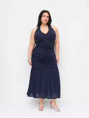 Mesh Halter Neckline Glitter Ruched Tulle Maxi Dress Curve & Plus
