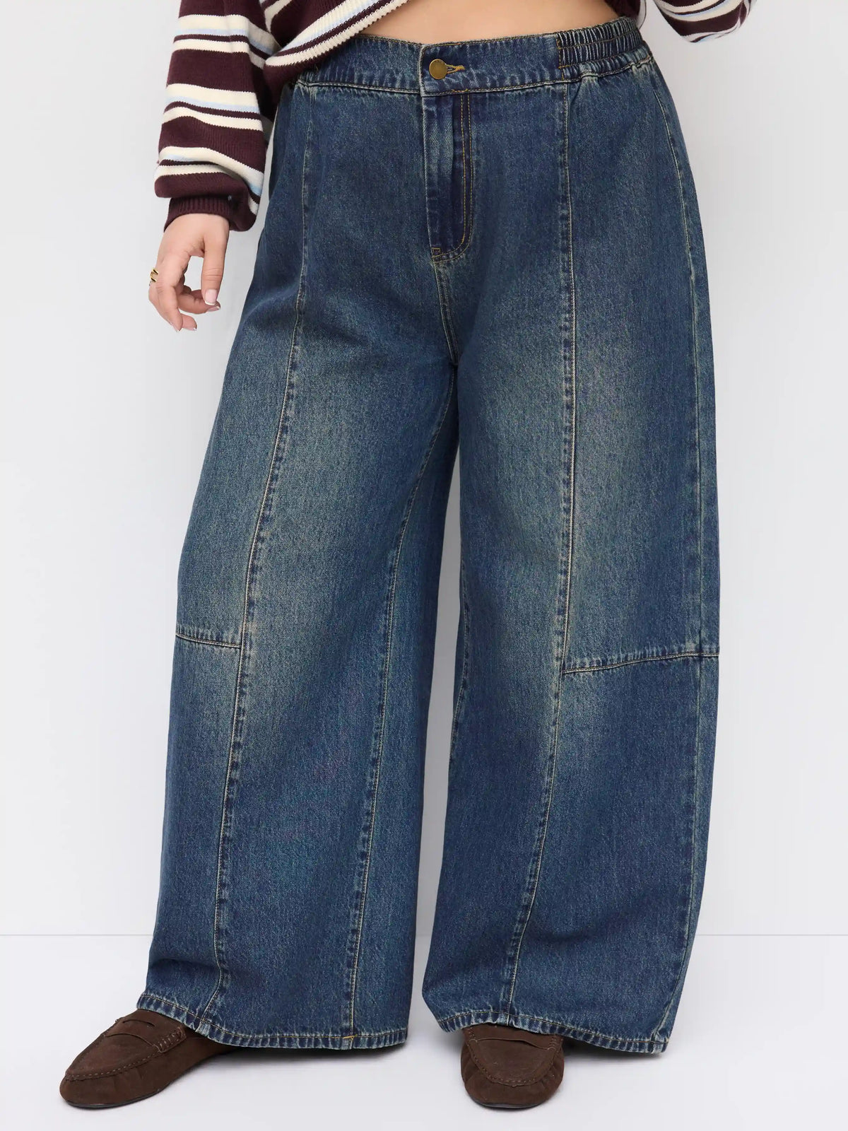 Denim High Rise Elastic Waist Wide Leg Jeans Curve & Plus