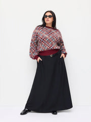 Knit Plaid Asymmetrical Neck Lantern Sleeve Top Curve & Plus