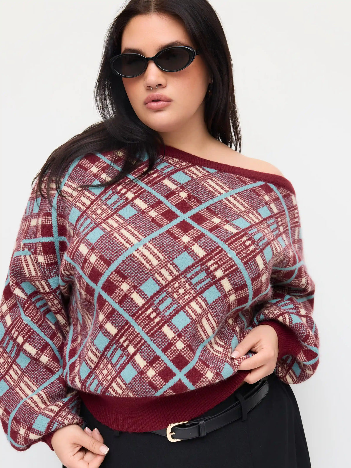 Knit Plaid Asymmetrical Neck Lantern Sleeve Top Curve & Plus