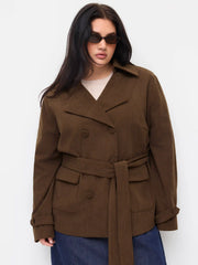Corduroy Double Breasted Jacket With Belt Curve & Plus