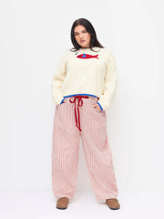 Cotton-blend Mid Rise Stripe Drawstring Barrel-leg Trousers Curve & Plus