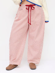 Cotton-blend Mid Rise Stripe Drawstring Barrel-leg Trousers Curve & Plus