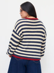 Knit Mohair-blend Striped Contrasting Binding Top Curve & Plus