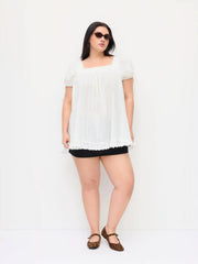 Cotton-blend Square Neck Ruffle Knotted Oversized Blouse Curve & Plus
