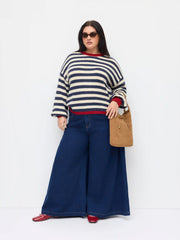 Knit Mohair-blend Striped Contrasting Binding Top Curve & Plus