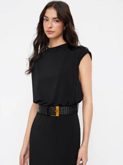 Round Neckline Split Straight Maxi Dress With Belt