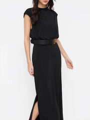 Round Neckline Split Straight Maxi Dress With Belt