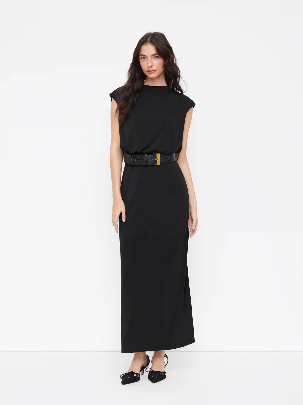 Round Neckline Split Straight Maxi Dress With Belt