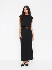 Round Neckline Split Straight Maxi Dress With Belt