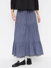 Cotton-blend Mid Rise Plaid Lace Trim Drawstring Tiered Maxi Skirt