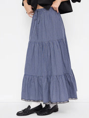 Cotton-blend Mid Rise Plaid Lace Trim Drawstring Tiered Maxi Skirt