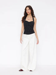 Cotton Polka Dot Halter Neck Ruched Tie Back Top