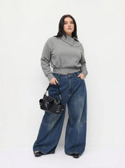 Asymmetrical Neck Cinched Waist Sweatshirt Curve & Plus