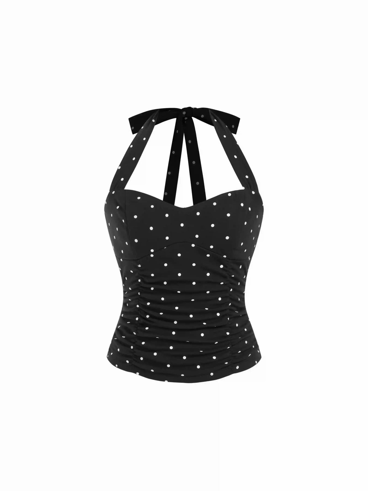 Cotton Polka Dot Halter Neck Ruched Tie Back Top