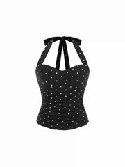 Cotton Polka Dot Halter Neck Ruched Tie Back Top