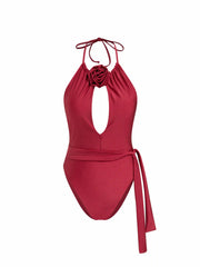 Romantic Rosette Shaping Halter Plunge One-piece Swimsuit