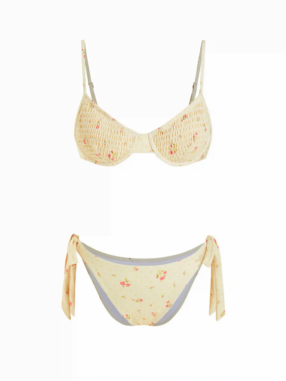 Square Neck Floral Shirred Underwire Tie Side Bikini Swimsuit