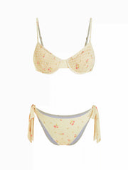 Square Neck Floral Shirred Underwire Tie Side Bikini Swimsuit