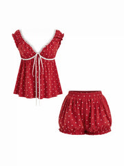 Cotton Polka Dot Bowknot Top & Mid Rise Shorts Loungewear Set