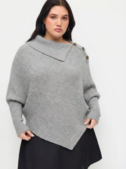 Knit Asymmetrical Neck Poncho Sweater Curve & Plus