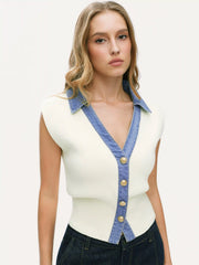 Knit V-Neck Metal Button Denim Contrasting Binding Vest