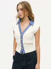 Knit V-Neck Metal Button Denim Contrasting Binding Vest