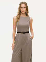 Houndstooth Boat Neck Zipper Wide Leg Jumpsuit With Belt