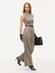 Houndstooth Boat Neck Zipper Wide Leg Jumpsuit With Belt