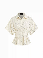 Chiffon Polka Dot Ruched Cinched Waist Batwing Sleeve Blouse