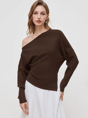 Knit Asymmetrical Neck Solid Ruched Long Sleeve Top