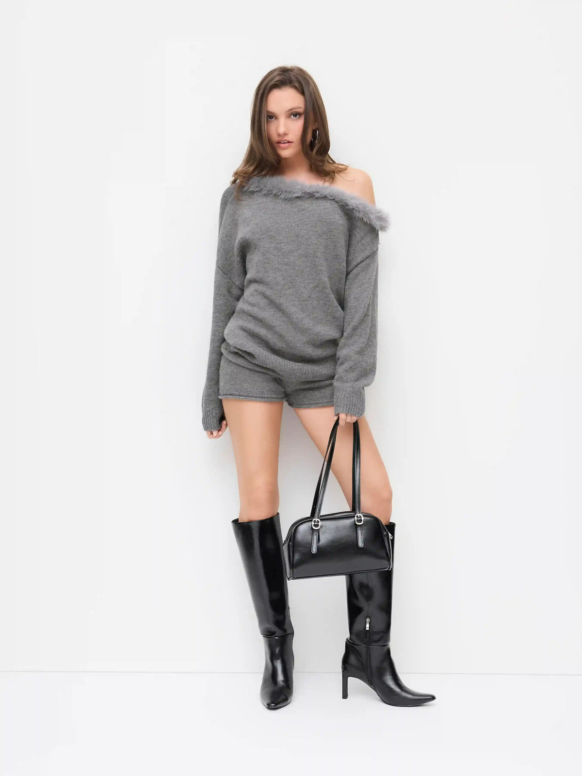 Knit Asymmetrical Neck Faux Fur Trim Oversized Top & Mid Rise Shorts Set