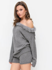 Knit Asymmetrical Neck Faux Fur Trim Oversized Top & Mid Rise Shorts Set