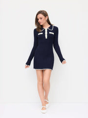 Knit Polo Collar Contrasting Binding Mini Dress