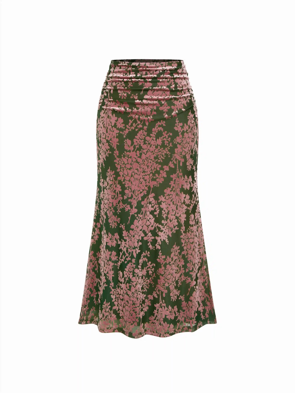 Floral High Rise Ruched Mermaid Maxi Skirt