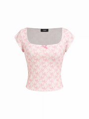 Jersey Round Neckline Bowknot Graphic Top & Straight Leg Trousers Loungewear Set