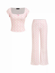 Jersey Round Neckline Bowknot Graphic Top & Straight Leg Trousers Loungewear Set