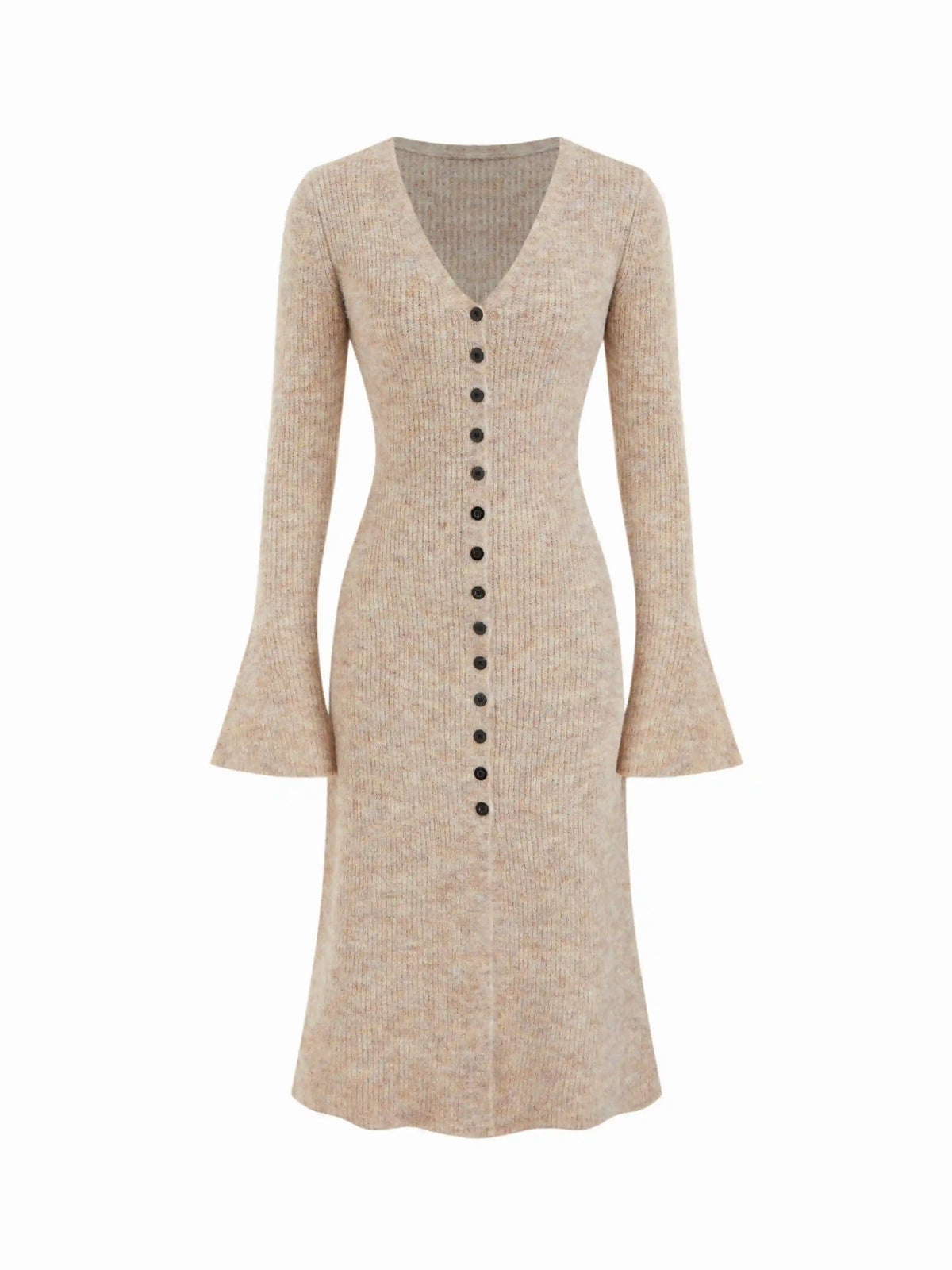 Knit V-Neck Button Front Bell Sleeve Midi Dress